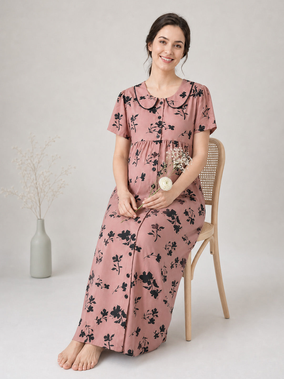 Brown Floral Rayon Zipless Maternity Nighty