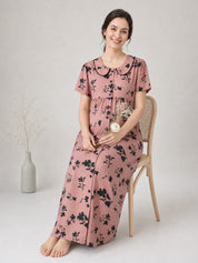 Brown Floral Rayon Zipless Maternity Nighty