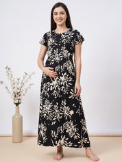Black Floral Rayon Zipless Maternity Nighty