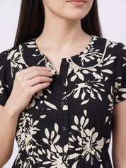 Black Floral Rayon Zipless Maternity Nighty