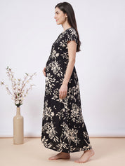 Black Floral Rayon Zipless Maternity Nighty