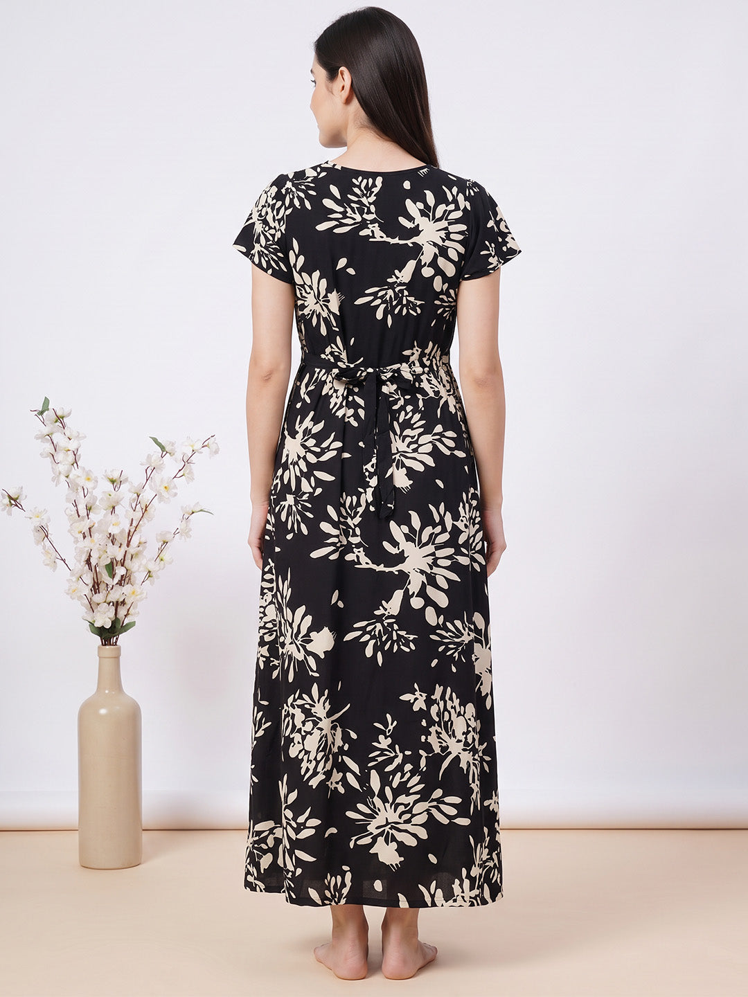 Black Floral Peter Pan Rayon Zipless Maternity Nighty