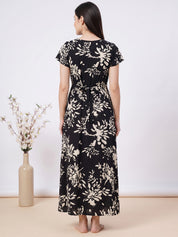 Black Floral Rayon Zipless Maternity Nighty