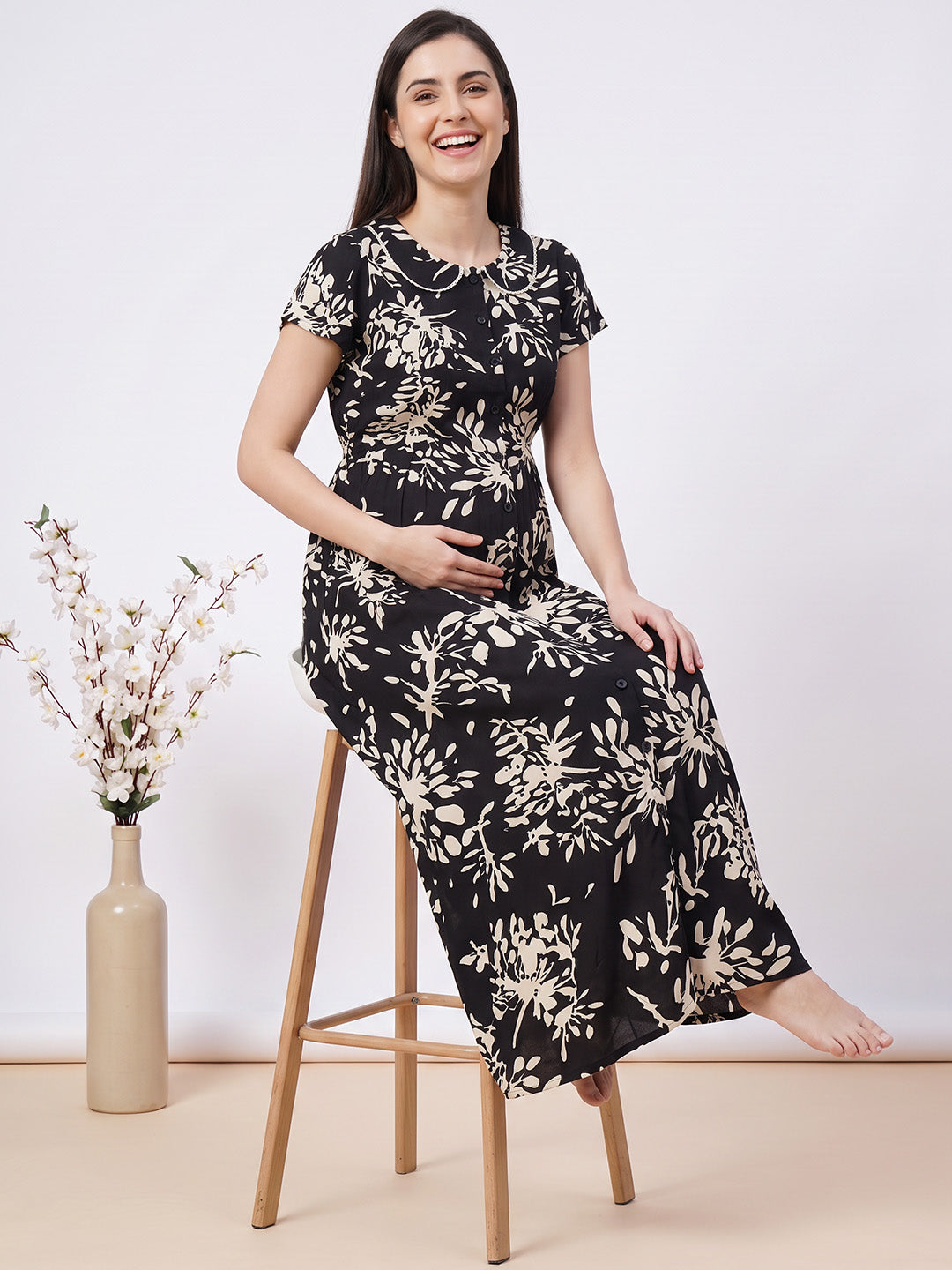 Black Floral Rayon Zipless Maternity Nighty