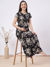 Black Floral Rayon Zipless Maternity Nighty