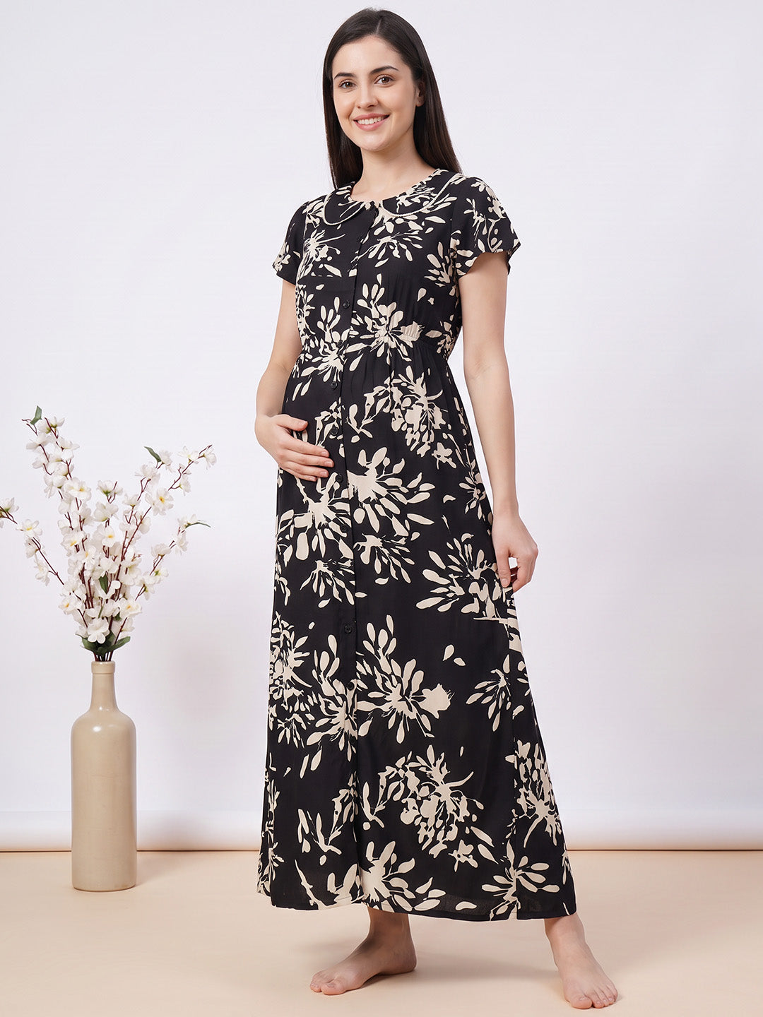 Black Floral Rayon Zipless Maternity Nighty