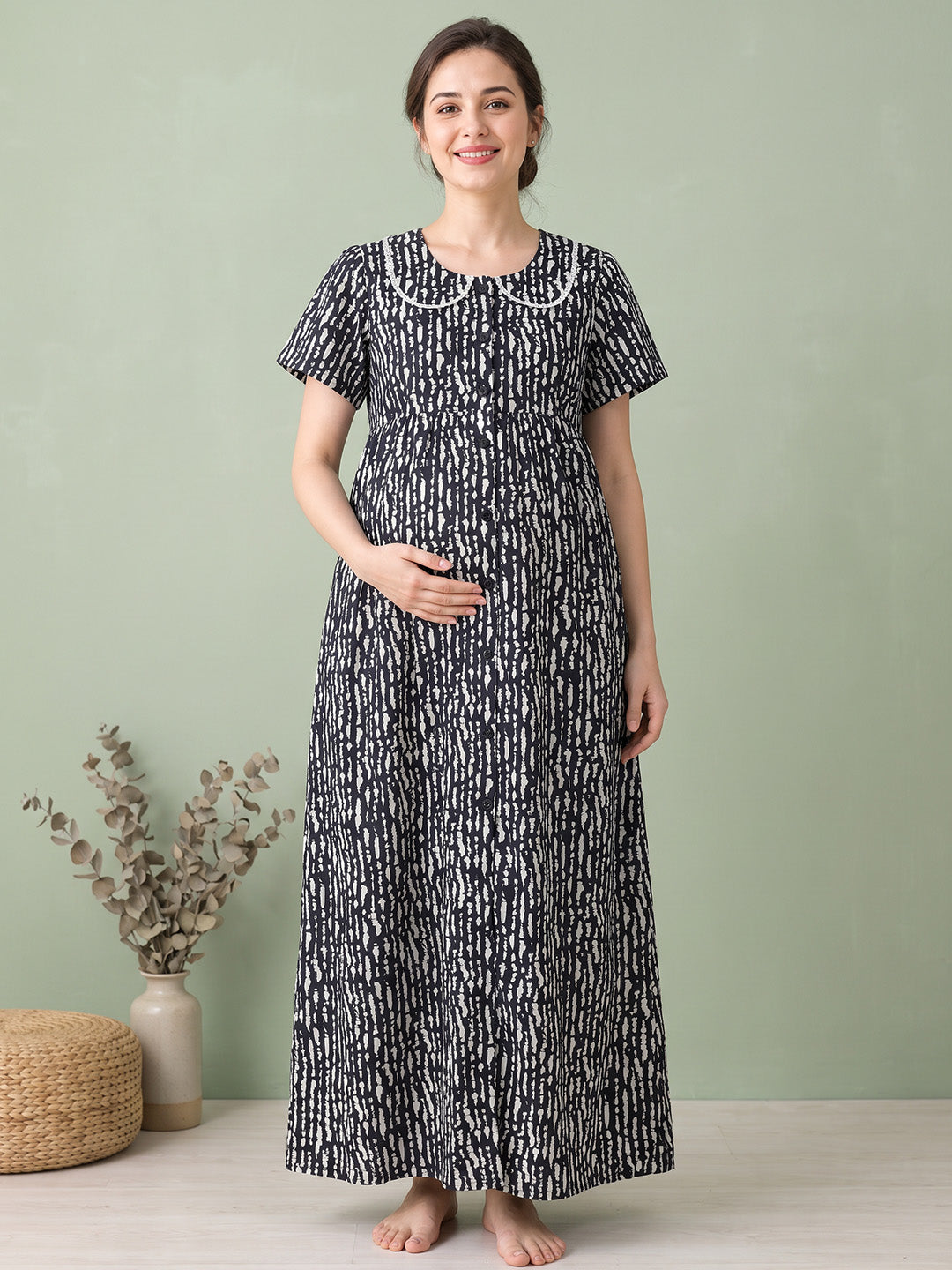 Black Printed Rayon Zipless Maternity Nighty