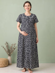 Black Printed Rayon Zipless Maternity Nighty