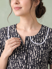 Black Printed Rayon Zipless Maternity Nighty