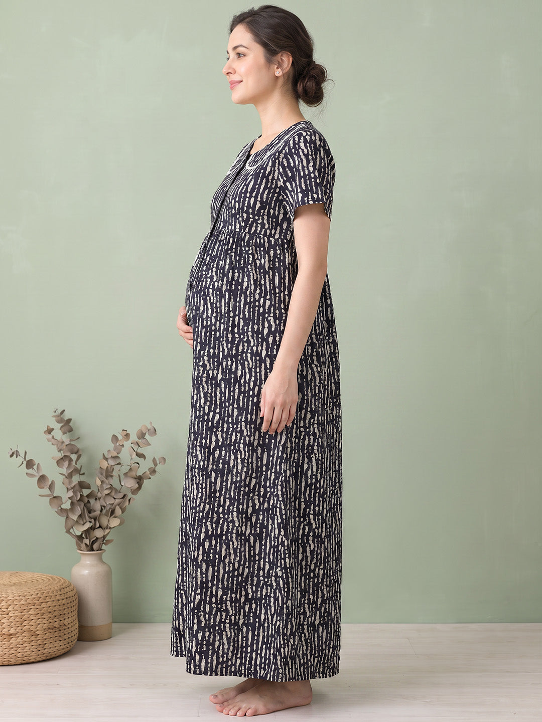Black Printed Rayon Zipless Maternity Nighty