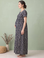 Black Printed Rayon Zipless Maternity Nighty
