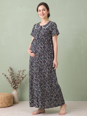 Black Printed Rayon Zipless Maternity Nighty
