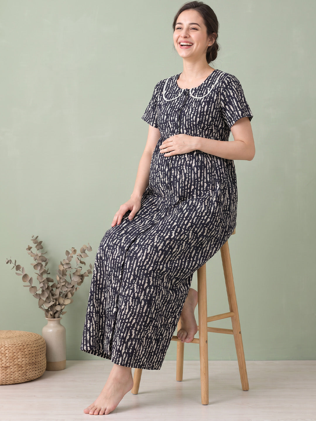Black Printed Rayon Zipless Maternity Nighty