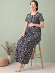 Black Printed Rayon Zipless Maternity Nighty