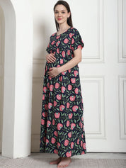 Printed Blue Cotton Maternity Nighty