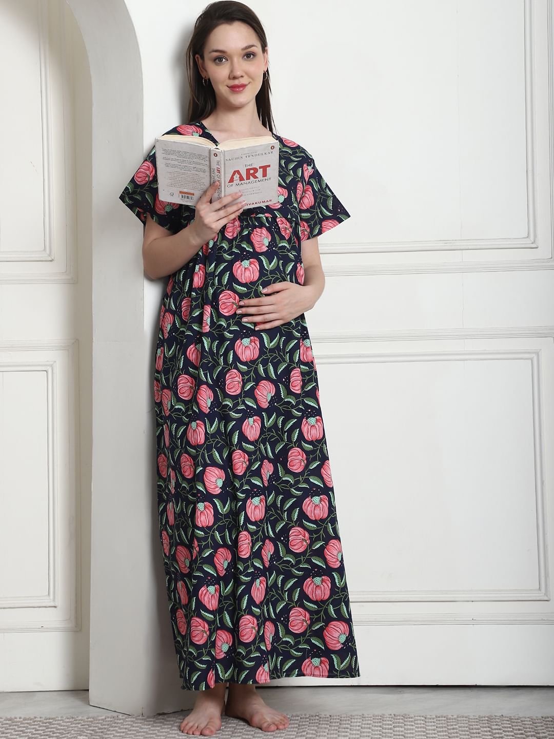 Printed Blue Cotton Maternity Nighty