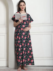 Printed Blue Cotton Maternity Nighty