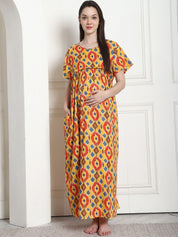 Geometric Print Yellow Cotton Maternity Nighty