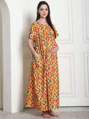 Geometric Print Yellow Cotton Maternity Nighty