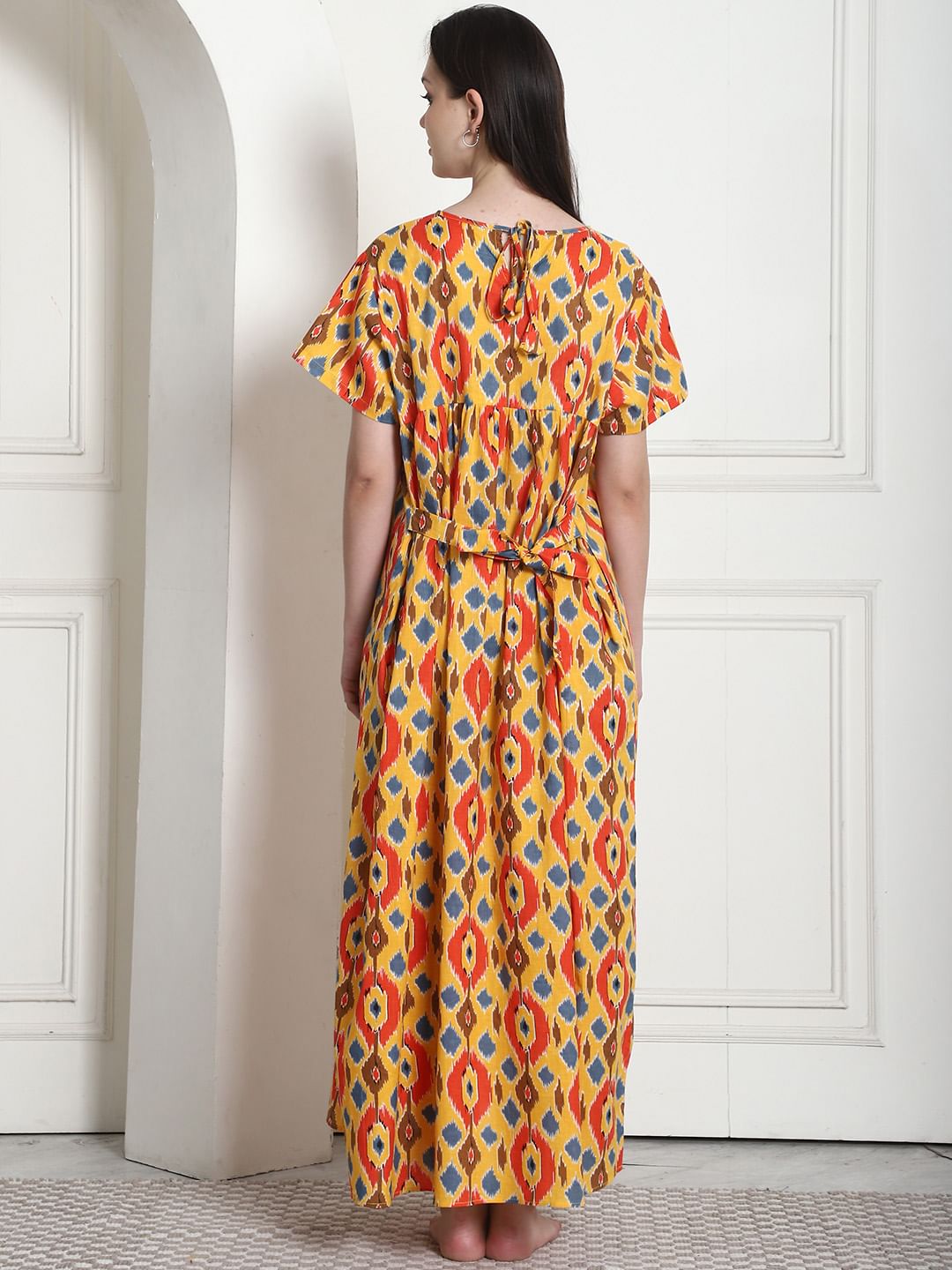 Geometric Print Yellow Cotton Maternity Nighty