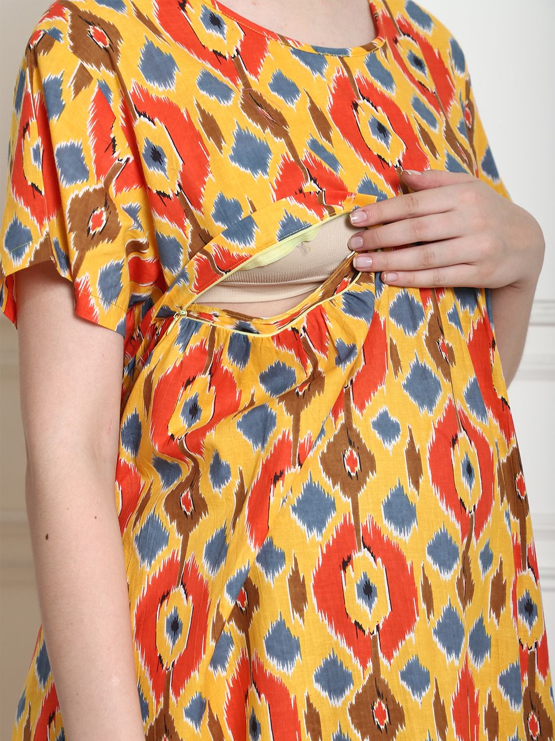Geometric Print Yellow Cotton Maternity Nighty