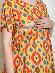 Geometric Print Yellow Cotton Maternity Nighty