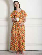 Geometric Print Yellow Cotton Maternity Nighty