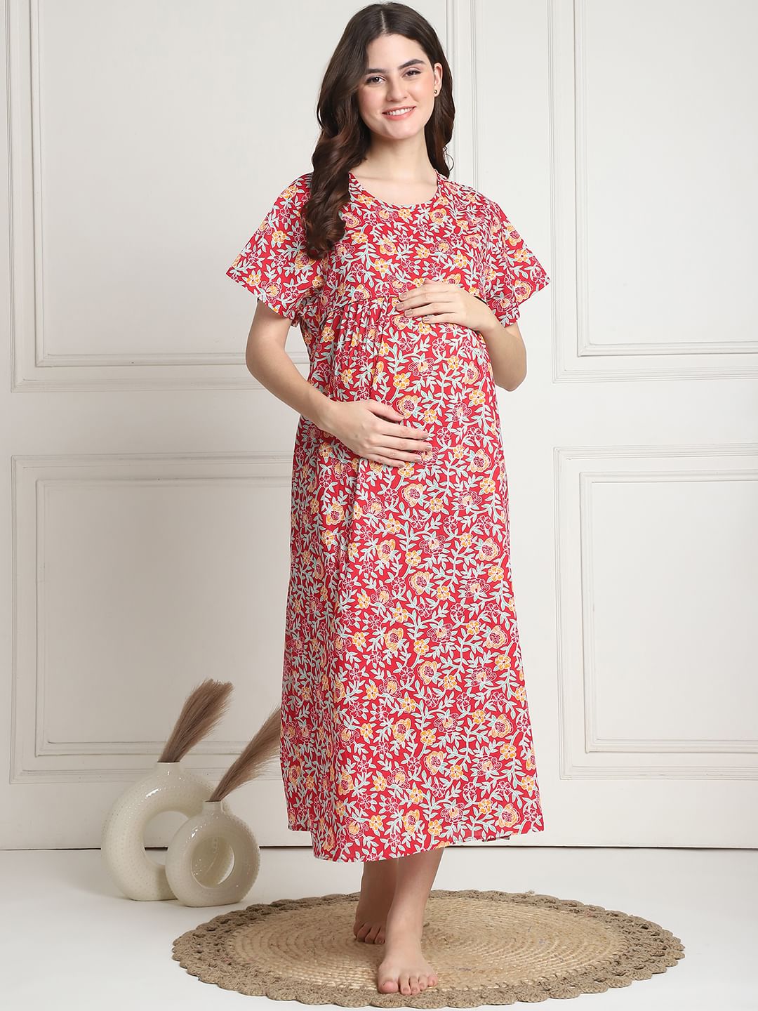 Floral Print Red Cotton Maternity Nighty Calf Length