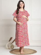 Floral Print Red Cotton Maternity Nighty Calf Length
