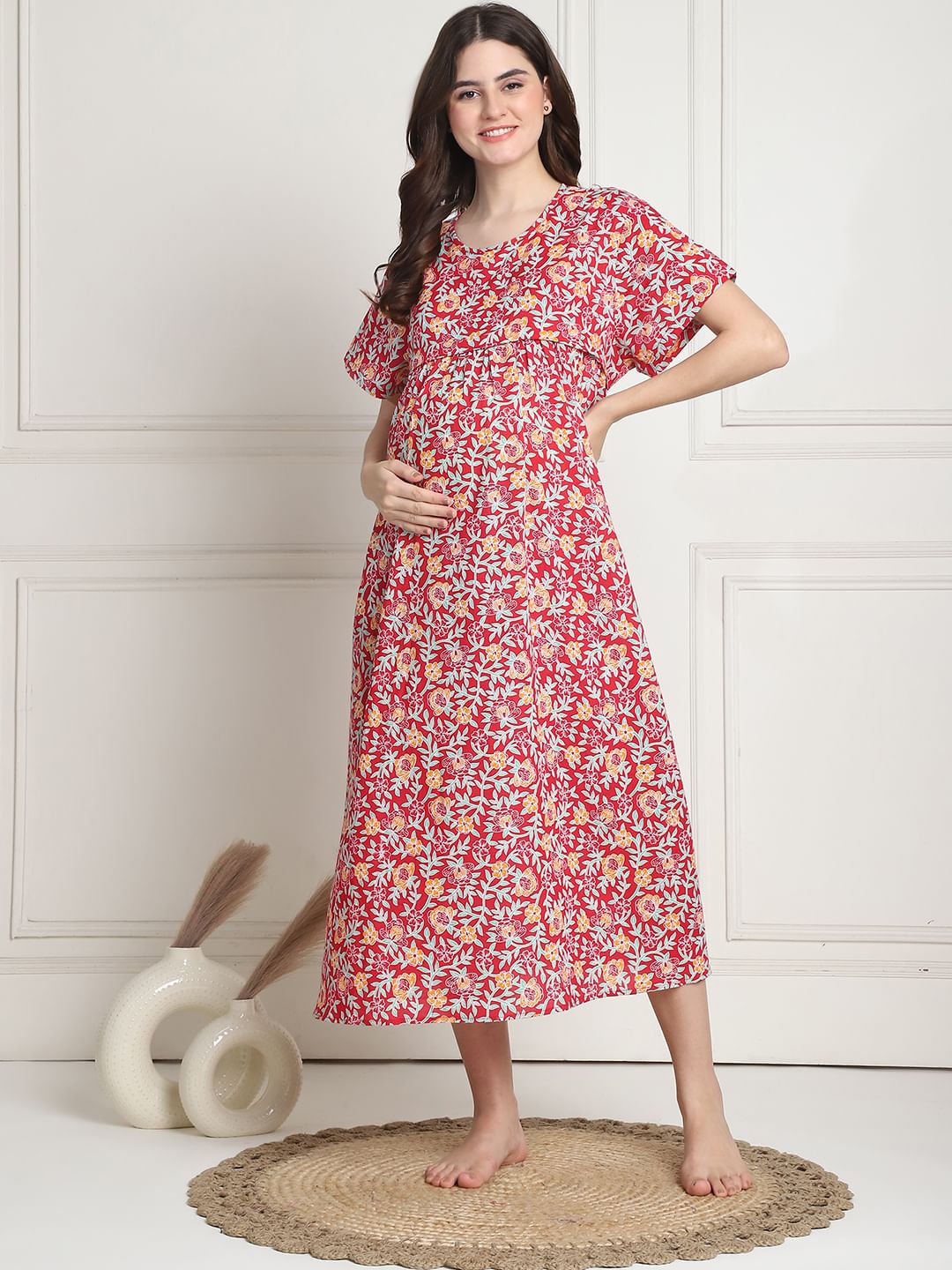 Floral Print Red Cotton Maternity Nighty Calf Length