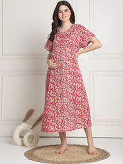 Floral Print Red Cotton Maternity Nighty Calf Length