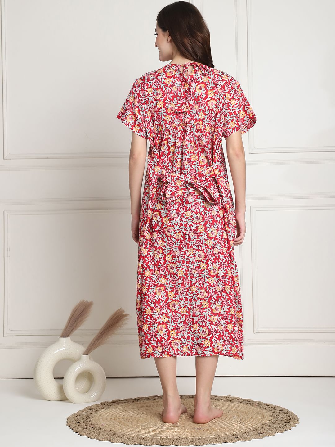 Floral Print Red Cotton Maternity Nighty Calf Length
