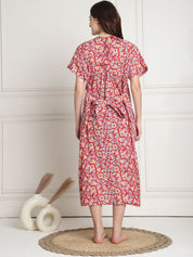 Floral Print Red Cotton Maternity Nighty Calf Length