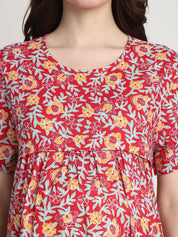 Floral Print Red Cotton Maternity Nighty Calf Length