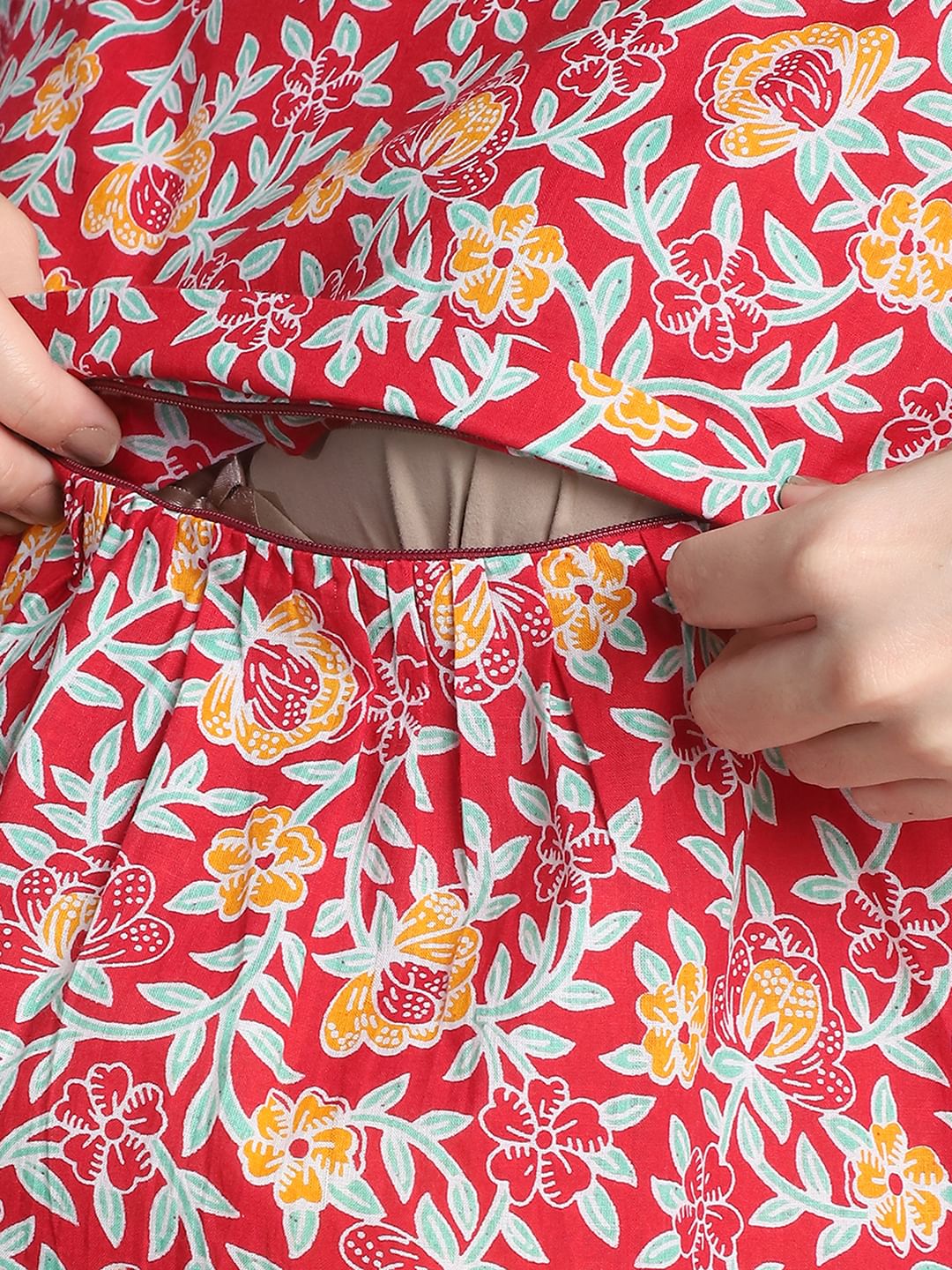 Floral Print Red Cotton Maternity Nighty Calf Length