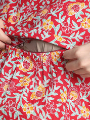 Floral Print Red Cotton Maternity Nighty Calf Length