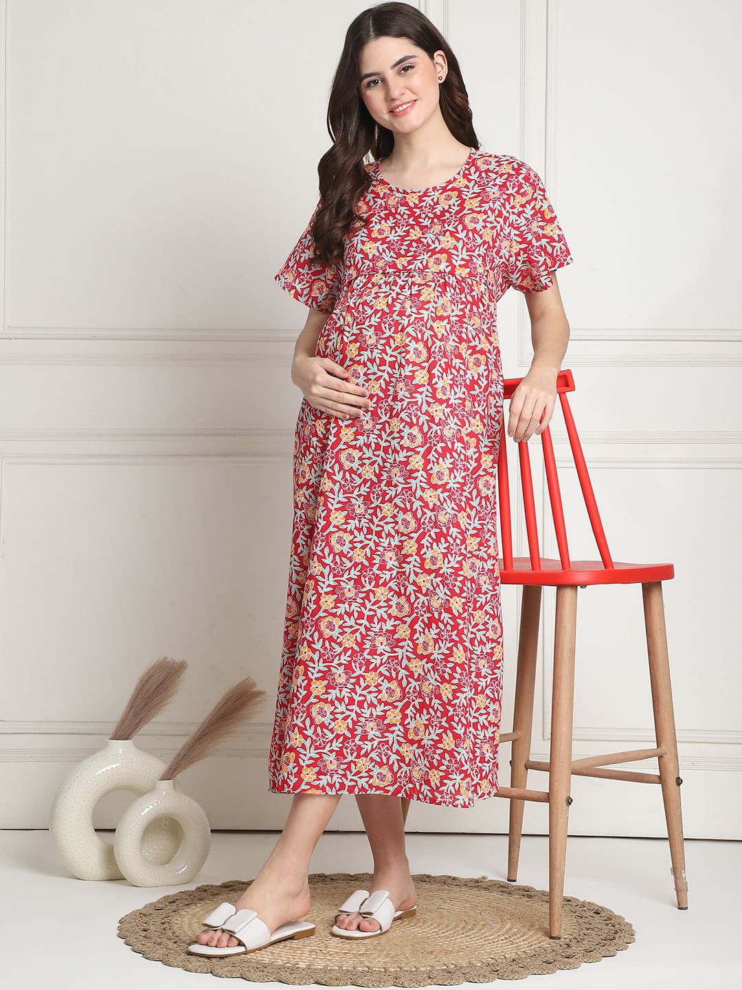 Floral Print Red Cotton Maternity Nighty Calf Length