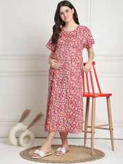 Floral Print Red Cotton Maternity Nighty Calf Length