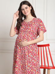 Floral Print Red Cotton Maternity Nighty Calf Length