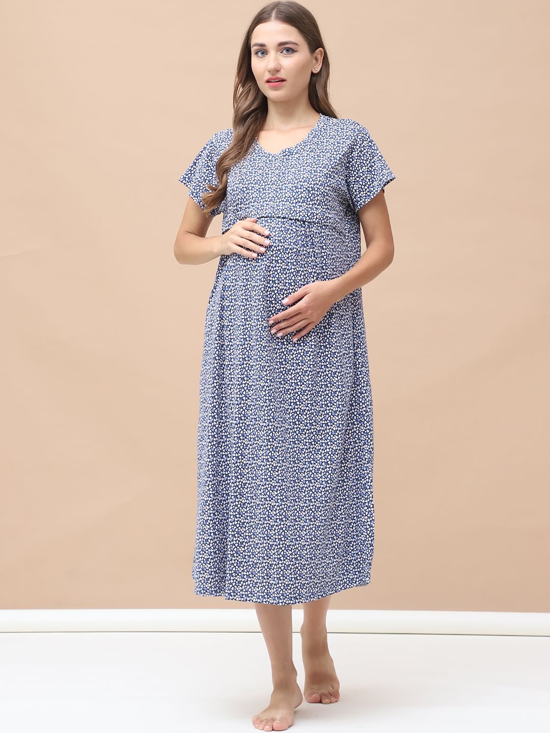 Printed Blue Hosiery Maternity Nighty Calf Length
