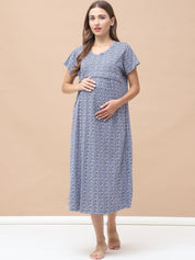 Printed Blue Hosiery Maternity Nighty Calf Length