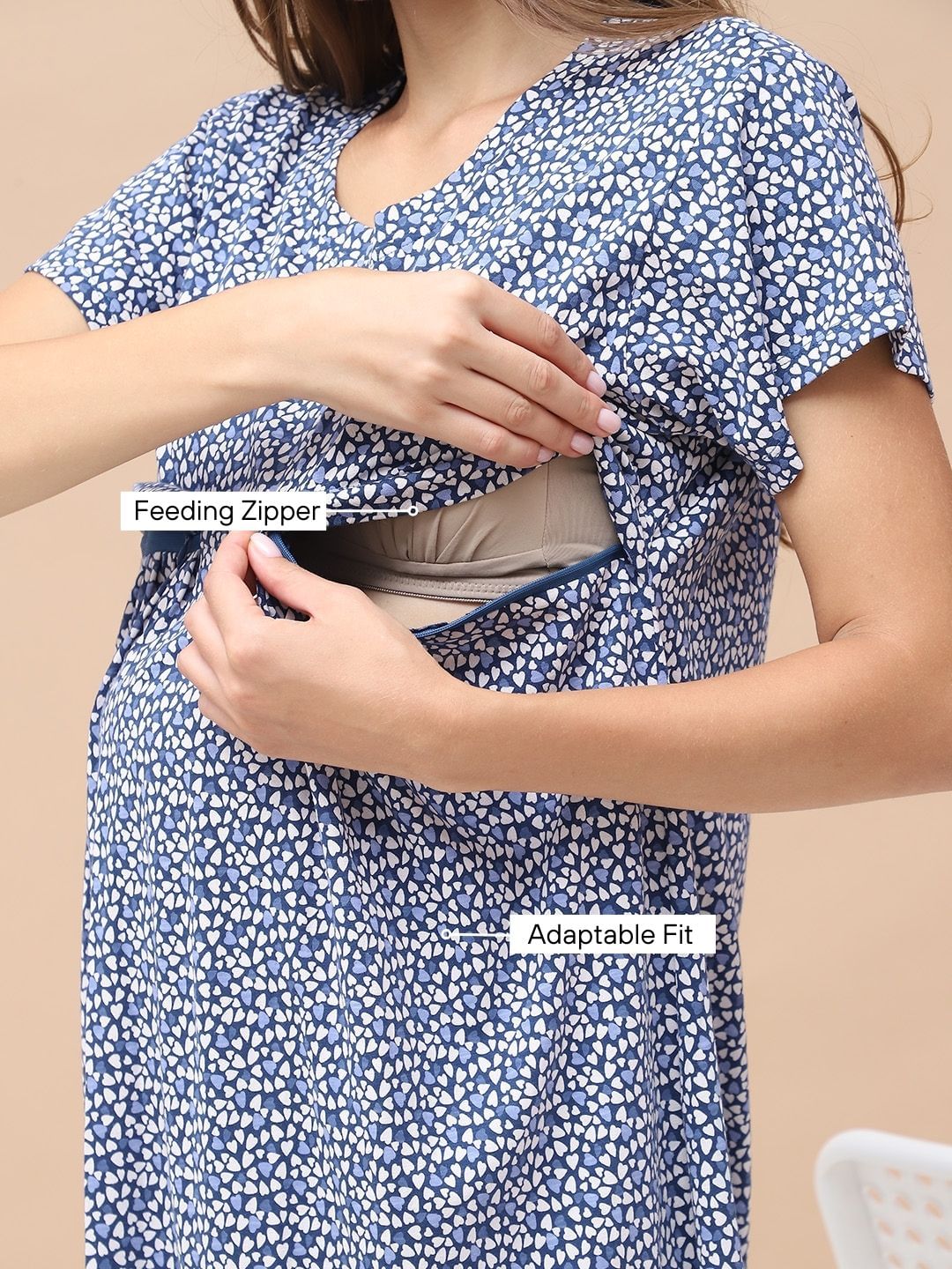 Printed Blue Hosiery Maternity Nighty Calf Length