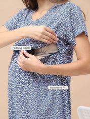 Printed Blue Hosiery Maternity Nighty Calf Length