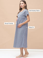 Printed Blue Hosiery Maternity Nighty Calf Length