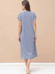 Printed Blue Hosiery Maternity Nighty Calf Length