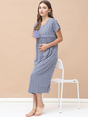 Printed Blue Hosiery Maternity Nighty Calf Length