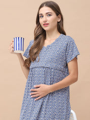 Printed Blue Hosiery Maternity Nighty Calf Length