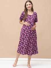 Printed Purple Hosiery Maternity Nighty Calf Length