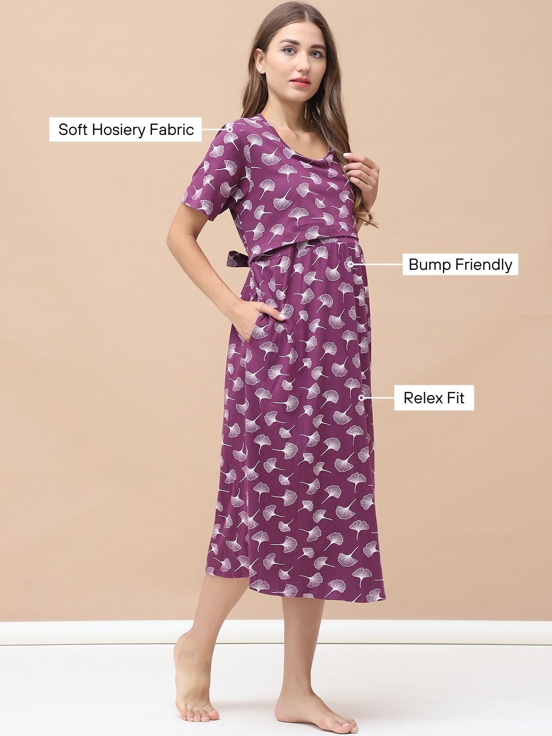 Printed Purple Hosiery Maternity Nighty Calf Length