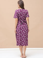 Printed Purple Hosiery Maternity Nighty Calf Length